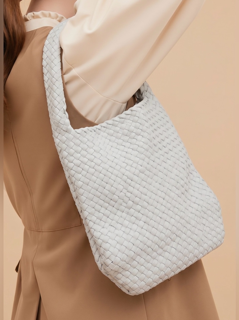 Ahdorned Lauren Woven Neoprene Large Hobo Tote With Pouch White NWT READ